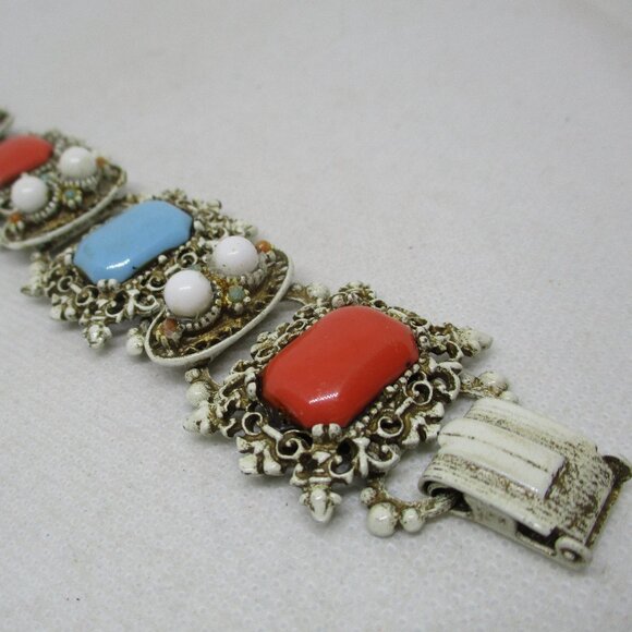 Vintage 1950s Enamel Celluloid Cabochon Section Bracelet Antiqued White Enamel - Picture 4 of 12